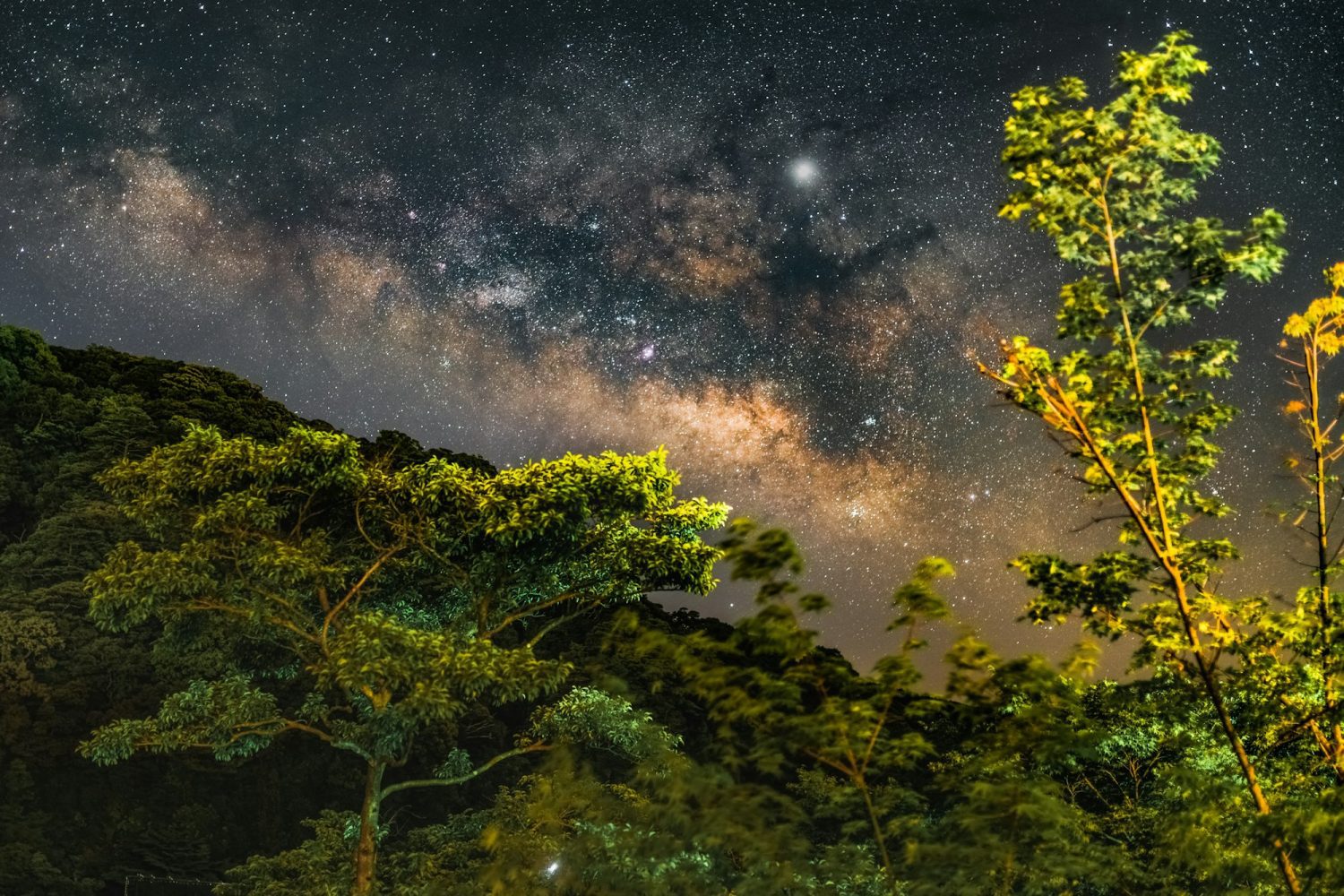 Beautiful scenery of a starry night with Milky Way Galaxy over a landscape